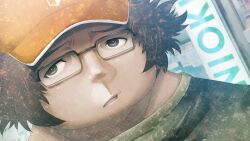 Rule 34 | 1boy, akihabara (tokyo), beret, brown hair, dutch angle, fat, fat man, game cg, glasses, green shirt, grey eyes, hashida itaru, hat, highres, huke, looking to the side, male focus, non-web source, nostrils, official art, open mouth, outdoors, ringed eyes, shirt, short sleeves, solo, square pupils, steins;gate, steins;gate: linear bounded phenogram, t-shirt, tongue, yellow hat