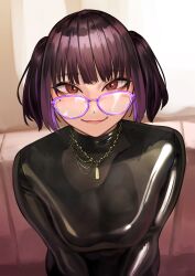 Rule 34 | 1girl, absurdres, black bodysuit, bodysuit, breasts, brown eyes, brown hair, glasses, gold necklace, highres, jewelry, kilye kairi, latex, latex bodysuit, leaning forward, looking at viewer, medium breasts, mole, mole under eye, multicolored hair, necklace, original, pink-framed eyewear, pink hair, short twintails, skin tight, smile, solo, turtleneck, twintails, two-tone hair, upper body