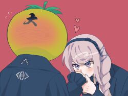 2girls black_hairband blush braid braided_ponytail female_focus fingernails hairband heart highres holding_hands kirifuji_nozomi kissing_hand mask mask_on_head multiple_girls oosuzuki_kurara red_background simple_background the_hundred_line_-last_defense_academy- tomato upper_body white_hair yuri zero_(misamxsa08)