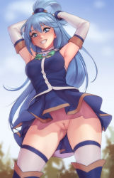 1girl aqua_(konosuba) armpits arms_up blouse blue_boots blue_eyes blue_hair blue_shirt blue_skirt blush boots breasts cleft_of_venus covered_erect_nipples detached_sleeves dot_nose from_below gluteal_fold grin hair_between_eyes hair_rings highres kono_subarashii_sekai_ni_shukufuku_wo! lips long_hair looking_at_viewer medium_breasts no_panties outdoors personal_ami pleated_skirt pussy raised_eyebrows see-through_clothes see-through_skirt shiny_skin shirt skirt sleeveless sleeveless_shirt smile solo standing thick_thighs thigh_boots thighhighs thighs upskirt
