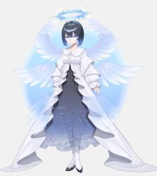 Rule 34 | 1girl, arms at sides, awa (awao141), black dress, black hair, black shoes, blue background, blue eyes, blue hair, blue halo, blue lips, breasts, bright pupils, buttons, collarbone, commentary request, double-parted bangs, dress, feathered wings, frilled dress, frills, full body, gradient background, gradient hair, hair between eyes, halo, highres, layered dress, long dress, long sleeves, looking at viewer, medium breasts, multicolored hair, multiple wings, original, parted lips, puffy long sleeves, puffy sleeves, see-through clothes, see-through dress, shoes, short hair, solo, transparent wings, twitter username, two-tone background, two-tone dress, two-tone hair, white background, white dress, white pupils, wings