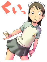 1girl brown_eyes brown_hair dennou_coil hashimoto_fumie honzawa_yuuichirou multicolored_shirt safety_glasses skirt solo standing sweatdrop white_background wristband