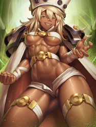 1girl abs areola_slip arm_strap belt belt_bra blonde_hair breasts cape claw_pose cleft_of_venus clenched_hand colored_eyelashes covered_erect_nipples cowboy_shot dark-skinned_female dark_skin eyelashes female_focus female_pubic_hair fighting_stance frontal_wedgie green_background grin guilty_gear guilty_gear_xrd hair_between_eyes hat highres long_hair looking_at_viewer medium_breasts micro_shorts orange_eyes partially_visible_vulva pubic_hair pubic_hair_peek ramlethal_valentine sharp_teeth short_shorts shorts smile solo speh sweat teeth thigh_strap toned uncensored underboob upshorts wedgie