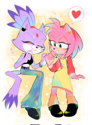 2girls alternate_costume amy_rose animal_ears animal_nose black_footwear black_shirt blaze_the_cat cat_ears cat_girl cat_tail closed_eyes crop_top denim dress earrings eyelashes forehead_jewel full_body furry furry_female ggoose_sonadow green_eyes hairband heart hedgehog_girl highres holding_hands jacket jeans jewelry leg_warmers looking_at_another multiple_girls pants pink_fur pink_hair ponytail purple_fur red_hairband red_jacket shirt simple_background sitting smile sonic_(series) tail yellow_background yellow_dress yellow_leg_warmers yuri