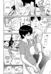 Rule 34 | 1boy, 1girl, ahoge, araragi koyomi, blush, breast press, doujinshi, english text, highres, holding hands, homunculus (alchemynote), interlocked fingers, kiss, kiss-shot acerola-orion heart-under-blade, long hair, monochrome, monogatari (series), no panties, oshino shinobu, panels, saliva, saliva trail, short hair, surprise kiss, surprised, vampire