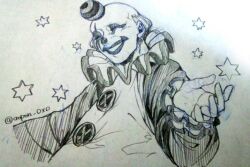 Rule 34 | 1boy, ^ ^, aopon16, arm at side, baggy clothes, balding, buttons, closed eyes, clown, collared shirt, commentary request, cropped torso, curled fingers, d.gray-man, frilled sleeves, frills, gloves, grin, hand up, hat, long sleeves, makeup, male focus, mana walker, monochrome, open hand, pen (medium), photo (medium), puffy sleeves, shirt, short hair, shrugging, sketch, smile, solo, star (symbol), traditional media, twitter username, two-tone hat