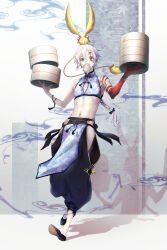 1boy absurdres allen_walker alternate_costume baggy_pants bamboo_steamer steamed_bun body_markings braid braided_ponytail carrying chinese_clothes colored_skin creature_on_head crop_top d.gray-man eating facial_mark food food_in_mouth fukuzawa_yukichi_(egoist867) full_body grey_eyes hair_between_eyes heterochromia highres long_hair looking_at_viewer male_focus multicolored_skin navel official_style pants red_skin revealing_clothes shadow simple_background solo timcanpy walking white_hair