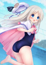 Rule 34 | 1girl, ass, blonde hair, blue eyes, blue one-piece swimsuit, blue sky, bow, cape, cloud, day, dutch angle, fang, hat, highres, kudpoid (71139), little busters!, long hair, noumi kudryavka, one-piece swimsuit, outdoors, pink bow, school swimsuit, skin fang, sky, solo, swimsuit, white cape, white hat