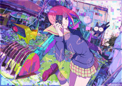 00s 1990s_(style) 1999 1girl animal artist_request brown_eyes building camera cat cigarette dated excavator female_focus flcl gainax house kneehighs lips lipstick looking_back machine makeup miniskirt monster motor_vehicle official_art outdoors pink_hair pleated_skirt purple_socks retro_artstyle ruins samejima_mamimi school_uniform shoes skirt sky socks solo source_request standing standing_on_one_leg sweater takkun_(flcl) vehicle