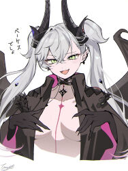 1girl black_cloak black_hands body_markings breasts choker cloak colored_extremities crossed_bangs demon_girl demon_horns demon_wings ear_piercing fate/grand_order fate_(series) green_eyes grey_hair hair_between_eyes highres horns lilith_(fate) long_hair looking_at_viewer medium_breasts open_mouth piercing pointy_ears smile solo tatsunomiya translation_request twintails very_long_hair wide_sleeves wings