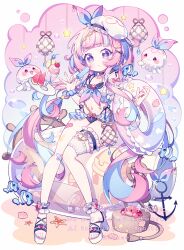 1girl bandaid bandaid_on_leg bikini blue_bikini blue_nails blue_scrunchie blunt_bangs blush closed_mouth commentary cup drinking_glass food frilled_bikini frilled_thigh_strap frills fruit full_body hat highres holding holding_food holding_popsicle hyou_(pixiv3677917) innertube jellyfish long_hair looking_at_viewer multicolored_hair multicolored_nails nail_polish navel original pink_hair pink_nails popsicle purple_eyes sandals scrunchie sitting solo star_(symbol) streaked_hair swim_ring swimsuit symbol-only_commentary thigh_strap toenail_polish toenails two-tone_hair watermark watermelon watermelon_slice white_hat white_sandals wrist_scrunchie
