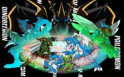 digimon digimon_(creature) digimon_adventure_02 dinobeemon fusion fusion_dance highres imperialdramon imperialdramon_fighter_mode paildramon red_eyes spikes stingmon tail toei_animation v v-mon wings wormmon xv-mon