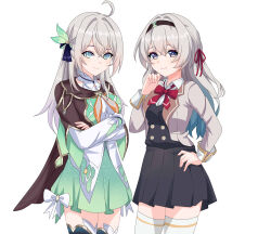 2girls absurdres ahoge alisa_mikhailovna_kujou alisa_mikhailovna_kujou_(cosplay) alternate_costume aqua_skirt black_hairband black_jacket black_skirt black_vest blazer blue_eyes blue_pupils bow bowtie breasts buttons closed_mouth collared_shirt commentary cosplay costume_switch cowboy_shot cropped_jacket crossed_arms crossover double-breasted firefly_(honkai:_star_rail) firefly_(honkai:_star_rail)_(cosplay) gradient_hair green_thighhighs grey_hair grey_jacket hair_between_eyes hair_intakes hair_ornament hair_ribbon hairband hand_on_own_hip hand_up highres honkai:_star_rail honkai_(series) jacket long_hair long_sleeves looking_at_viewer maxwelzy medium_breasts multicolored_eyes multicolored_hair multiple_girls neckerchief orange_neckerchief pleated_skirt purple_eyes red_bow red_bowtie ribbon school_uniform seiren_academy_school_uniform shirt side-by-side simple_background skirt smile thighhighs tokidoki_bosotto_roshia-go_de_dereru_tonari_no_alya-san two-tone_eyes vest white_background white_shirt white_thighhighs zettai_ryouiki