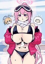 1girl absurdres between_breasts bikini bird black_bikini blonde_hair blue_archive blue_eyes breasts breasts_squeezed_together closed_eyes cowboy_shot eimi_(blue_archive) eimi_(swimsuit)_(blue_archive) english_text goggles goggles_on_head halo highres himari_(blue_archive) huge_breasts jacket long_hair looking_at_viewer maaki12 off_shoulder open_clothes open_jacket open_mouth penguin pink_hair pink_halo pink_jacket purple_eyes scarf side-tie_bikini_bottom ski_goggles swimsuit thigh_gap toki_(blue_archive) very_long_hair white_scarf