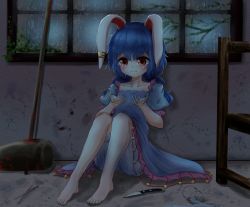 1girl against_wall ambiguous_red_liquid animal_ears arms_up barefoot bloomers blue_dress blue_hair blush chair chopsticks collarbone commentary_request crying crying_with_eyes_open cup dress drinking_glass earclip expressionless female_focus hair_between_eyes highres indoors kayon_(touzoku) kine knees_up knife looking_at_viewer low_twintails mallet mold on_floor open_hands puffy_short_sleeves puffy_sleeves rabbit_ears rain red_eyes seiran_(touhou) short_hair short_sleeves solo spill tears touhou twintails underwear window