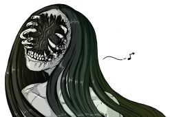 1girl black_hair colored_skin crack cropped_shoulders damaged flesh grey_skin guro horror_(theme) long_hair monster musical_note ribs solo teeth thirdrategear white_background world_of_horror