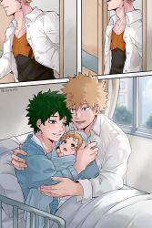 1girl 2boys after_birth aged_up artist_name baby bakudeku bakugou_katsuki bed blanket blonde_hair boku_no_hero_academia bones_(company) child curly_hair door freckles green_eyes green_hair highres hospital hospital_bed indoors male_pregnancy messy_hair midoriya_izuku multiple_boys newborn_baby omegaverse pregnant rinriemie room shounen_jump smile spiked_hair window yaoi