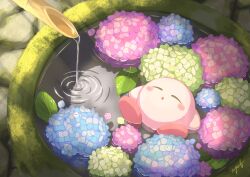 absurdres ayuf_(va_ttc) blue_flower blush_stickers closed_eyes commentary_request flower green_flower highres hydrangea kirby kirby_(series) nintendo no_humans open_mouth pink_flower sleeping solo water