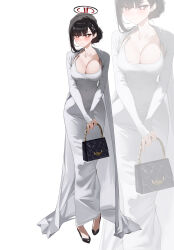 1girl absurdres alternate_costume alternate_hair_length alternate_hairstyle bag black_bag black_hair black_halo black_shoes bllustration blue_archive blush breasts bright_pupils cleavage closed_mouth collarbone commentary_request dongtan_dress dress full_body grey_dress halo handbag high_heels highres holding holding_bag large_breasts leaning long_hair long_sleeves looking_at_viewer meme_attire pencil_dress red_eyes rio_(blue_archive) shoes simple_background solo standing tight_clothes tight_dress white_background white_pupils zoom_layer