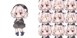 0_0 1girl :d :o @_@ ^_^ beret black_hat black_shoes blue_socks blush brown_hair closed_eyes closed_mouth collared_shirt commentary_request grey_shirt grey_skirt hat highres multiple_views open_mouth own_hands_together parted_lips pleated_skirt red_eyes ryogo shirt shoes simple_background skirt smile socks ui_(voisona) voisona white_background |_|