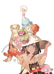1girl beanie black_eyes black_hair borrowed_clothes bounsweet clothed_pokemon creatures_(company) flower game_freak gen_4_pokemon gen_7_pokemon hat holding holding_unworn_clothes holding_unworn_hat litten nintendo on_head pokedex pokemon pokemon_(creature) pokemon_on_head pokemon_sm popplio red_hat rotom rotom_dex rowlet selene_(pokemon) short_hair short_sleeves simple_background starshadowmagician starter_pokemon_trio stufful unworn_hat unworn_headwear white_background white_hat yungoos