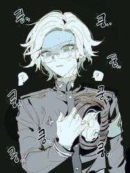 1boy ? aotsuki_eito armband gakuran glasses greyscale hand_on_own_chest hole_in_chest hole_on_body last_defense_academy_school_uniform long_sleeves looking_ahead male_focus monochrome palme310 school_uniform short_hair simple_background solo speech_bubble sweat sweatdrop the_hundred_line_-last_defense_academy- upper_body
