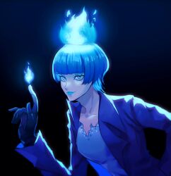 1girl absurdres animification black_gloves blue_fire blue_hair blue_lips closed_mouth disneyland dress fiery_hair fire formal_clothes gloves highres lipstick long_sleeves looking_at_viewer makeup ms._hades simple_background smile solo user_eday4542