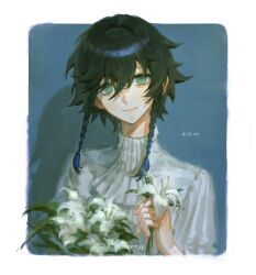 1boy androgynous black_hair blue_hair braid closed_mouth commentary dated flower genshin_impact green_eyes hair_between_eyes highres holding holding_flower long_sleeves looking_at_viewer male_focus multicolored_hair nocetus shirt simple_background solo symbol-only_commentary twin_braids twitter_username upper_body venti_(genshin_impact) white_shirt