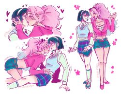 2girls after_kiss alien_stage animal_print belt black_hair black_necktie blue_shoes blue_shorts blue_skirt blue_socks blue_sweater_vest bra closed_eyes closed_mouth collared_shirt commentary_request eye_contact french_kiss green_eyes hairband hand_on_another&#039;s_stomach heart highres jacket kiss leopard_print long_hair long_sleeves looking_at_another mistick mizi_(alien_stage) multiple_girls necktie open_mouth pink_hair pink_jacket pink_shoes plaid_clothes plaid_skirt ponytail print_bra purple_eyes saliva saliva_trail shirt shoes short_hair shorts simple_background skirt smile socks spanish_commentary sua_(alien_stage) sweater_vest tongue tongue_out underwear white_background white_hairband white_shirt yuri