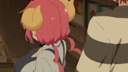 1boy 1girl aida_taketo animated animated_gif apron blood blush bouncing_breasts breasts brown_hair cleavage clothes_pull covering_nose dragon_girl gradient_hair horns huge_breasts ilulu_(maidragon) kobayashi-san_chi_no_maidragon large_breasts long_hair looking_at_another multicolored_hair nosebleed presenting purple_hair red_eyes red_hair screencap shirt_pull short_hair smile standing surprised twintails