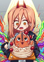 1girl black_jacket cake chainsaw_man commentary cowboy_shot creature demon_girl demon_horns english_commentary food highres horns intestines jacket long_hair pink_hair pochita_(chainsaw_man) power_(chainsaw_man) satanmanse sharp_teeth solo spotlight strawberry_cake symbol-shaped_pupils teeth yellow_eyes