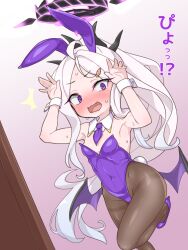 1girl ahoge animal_ears armpits bare_shoulders black_halo blue_archive breasts covered_navel demon_girl demon_horns demon_wings embarrassed fake_animal_ears halo highres hina_(blue_archive) horns leotard loli long_hair low_wings pantyhose playboy_bunny purple_eyes rabbit_ears simple_background small_breasts solo standing sweat translation_request white_hair wings zincling