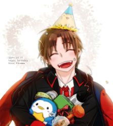 1boy bird brown_hair closed_eyes happy_birthday hat jacket little_busters! male_focus naoe_riki party_hat penguin rocket school_uniform short_hair stuffed_toy toy zakang