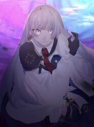 1girl absurdres arcaea black_gloves black_skirt collared_shirt colorful_background earrings evil_smile gloves hair_between_eyes highres insight_(arcaea) jewelry long_sleeves necktie purple_eyes red_necktie shirt shizun427 single_shoulder_pad skirt smile solo thigh_strap white_hair white_shirt