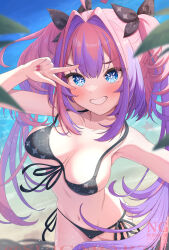 1girl ahoge arm_out_of_frame armpits bare_arms bare_shoulders beach bikini black_bikini black_bow black_ribbon blue_eyes blurry blurry_foreground blush bow breasts center-flap_bangs cleavage collarbone commentary_request cowboy_shot day front-tie_top grin hair_bow hair_intakes hand_up highres hololive hololive_dev_is kikirara_vivi large_breasts leaf light_particles long_hair looking_at_viewer loose_bikini multicolored_hair nail_polish navel ocean outdoors pink_hair purple_hair ribbon sand side-tie_bikini_bottom sidelocks smile solo star-shaped_pupils star_(symbol) star_print stomach suicabar72 swimsuit symbol-shaped_pupils teeth twintails two-tone_hair v v_over_eye very_long_hair virtual_youtuber watermark