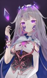 1girl absurdres black_corset bracelet castellayaki chest_jewel cloak closed_mouth colored_inner_hair corset cracked_skin detached_sleeves dress enigmatic_recollection gem gradient_hair grey_hair headpiece highres hololive hololive_english jewel_under_eye jewelry koseki_bijou koseki_bijou_(1st_costume) long_hair looking_at_viewer multicolored_hair pink_hair purple_background purple_eyes purple_gemstone single_detached_sleeve solo virtual_youtuber white_cloak white_dress white_sleeves