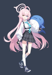 1girl black_gloves blue_archive blue_eyes blue_necktie breasts fingerless_gloves gloves grey_background h2so4 hair_between_eyes halo harness heterochromia highres hoshino_(blue_archive) necktie pink_halo shirt simple_background small_breasts socks solo white_shirt white_socks yellow_eyes
