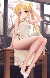 1girl absurdres arm_up armpits blonde_hair blush bocchi_the_rock! breasts cherry_blossoms china_dress chinese_clothes dress full_body high_heels highres ijichi_nijika indoors long_hair looking_at_viewer no_panties print_dress side_ponytail sitting sleeveless sleeveless_dress small_breasts smile solo yellow_dress yuye