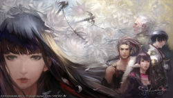 2girls 3boys artist_name asahi_sas_brutus au_ra bat_hair_ornament beard black_eyes black_hair blunt_bangs brown_hair company_name copyright_name copyright_notice dragon_horns expressionless facial_hair facial_tattoo falling_petals final_fantasy final_fantasy_xiv floral_background flower gloves gosetsu_daito hair_flower hair_ornament hair_ribbon hien_rijin highres horns hyur jacket long_hair looking_at_viewer mogi_yuusuke mole mole_under_mouth multiple_boys multiple_girls mustache official_art petals pink_scarf profile promotional_art purple_jacket ribbon scales scarf serious short_hair signature straight-on tattoo upper_body v-shaped_eyebrows white_flower white_gloves white_hair yotsuyu_goe_brutus yugiri_mistwalker
