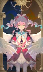 1girl absurdres angel_wings aqua_bow aqua_bowtie aqua_eyes aqua_hair bow bowtie character_charm charm_(object) closed_mouth commentary_request coreflame_(honkai:_star_rail) cowboy_shot dress drill_hair facing_viewer feathered_wings floating floating_hair floating_object hat highres honkai:_star_rail honkai_(series) hyacine_(honkai:_star_rail) little_ica_(honkai:_star_rail) long_hair long_sleeves looking_at_object multicolored_hair pantyhose pink_hair red_dress red_hat smile star_(symbol) star_in_eye straight-on symbol_in_eye twin_drills two-tone_hair user_hxvy5233 white_pantyhose white_wings wings