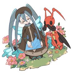 1girl absurdres animal_print book brown_dress brown_headwear bug_miku_(project_voltage) butterfly_print closed_eyes dress eyeshadow flower gen_4_pokemon grass hair_through_headwear hatsune_miku highres holding holding_book kneeling kricketune long_hair long_sleeves makeup necktie nintendo oe_(yamifuti) pokemon pokemon_(creature) project_voltage sidelocks twintails very_long_hair vocaloid