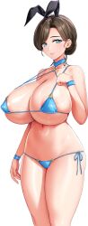 1girl absurdres animal_ear_hairband animal_ears areola_slip arm_at_side arm_up bikini black_hairband blue_bikini blue_eyes breasts brown_hair cleavage closed_mouth derauea fake_animal_ears game_cg hair_bun hairband highres huge_breasts large_areolae light_blush long_hair looking_at_viewer mariel_nyun8181 micro_bikini motto!_haramase!_honoo_no_oppai_isekai_oppai_bunny_gakuen! navel non-web_source nontraditional_playboy_bunny rabbit_ear_hairband rabbit_ears side-tie_bikini_bottom skindentation smile standing star_(symbol) star_in_eye string_bikini swept_bangs swimsuit symbol_in_eye tachi-e transparent_background wristband