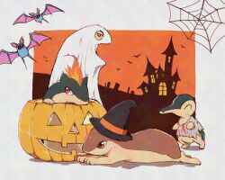 bird creatures_(company) cyndaquil evolutionary_line game_freak gen_1_pokemon gen_2_pokemon ghost_costume halloween halloween_costume hat highres house jack-o&#039;-lantern kiiro_tane nintendo no_humans pokemon pokemon_(creature) pumpkin quilava red_eyes silk spider_web standing tombstone typhlosion witch_hat zubat
