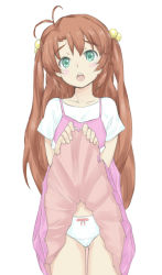 Rule 34 | 1girl, :o, antenna hair, bad id, bad pixiv id, blush, bow, bow panties, brown hair, bu  dai, clothes lift, collarbone, dot nose, dress, dress lift, eyebrows, feet out of frame, female focus, green eyes, hair bobbles, hair ornament, head tilt, highres, koshigaya komari, lifting own clothes, long hair, looking at viewer, non non biyori, open mouth, panties, pink dress, shirt, short sleeves, simple background, sketch, skirt, skirt lift, solo, standing, tearing up, teeth, twintails, two side up, underwear, upper body, very long hair, white background, white panties, white shirt