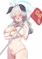 ? aged_up alternate_breast_size animal_ears areola_slip bikini blue_archive blush breasts closed_eyes covered_erect_nipples dog_ears embarrassed flag flying_sweatdrops foxallium gold_bikini halo hand_grip highres holding holding_flag huge_breasts large_breasts micro_bikini navel open_mouth spoken_question_mark swimsuit umika_(blue_archive)