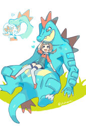 1girl artist_name blue_overalls bow brown_hair closed_eyes commentary_request feraligatr gen_2_pokemon hat head_in_mouth heart highres looking_down looking_up lyra_(pokemon) nintendo oimo_(14sainobba) open_mouth overalls pokemon pokemon_(creature) pokemon_hgss red_bow red_shirt red_shoes sharp_teeth shirt shoes sitting_on_pokemon smile tail teeth thighhighs white_background white_hat white_thighhighs