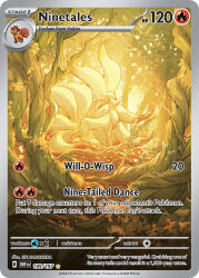 animal_focus artist_name card_(medium) character_name closed_mouth company_name copyright_name copyright_notice english_text fox gen_1_pokemon multiple_tails nanahara_shie nature ninetales nintendo no_humans official_art outdoors pokemon pokemon_(creature) pokemon_card pokemon_focus pokemon_tcg red_eyes solo tail third-party_source trading_card tree vulpix