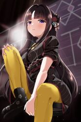 1girl absurdres ahoge awa_subaru black_hair black_kimono black_shoes blush commentary_request girls_band_cry hair_bun hair_intakes highres japanese_clothes kimono kuuhaku_to_catharsis long_hair nanafuku obi open_mouth pantyhose parted_bangs purple_eyes red_sash sash shoes short_hair single_side_bun solo striped_clothes striped_kimono yellow_pantyhose