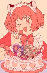 5girls aizawa_mint apron arms_up artist_name blonde_hair blue_hair blueberry bow cake dark-skinned_female dark_skin fang fong_pudding food fruit fujiwara_zakuro glasses green_hair heart holding holding_food holding_fruit maid_headdress mew_ichigo mew_lettuce mew_mint mew_pudding mew_zakuro midorikawa_lettuce momomiya_ichigo multiple_girls nail_polish one_eye_closed pink_bow pink_eyes pink_hair pink_nails puffy_short_sleeves puffy_sleeves purple_hair raspberry rii_abrego short_sleeves signature tan_background tokyo_mew_mew white_apron