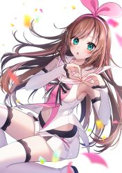 1girl armpits bare_shoulders blue_eyes boots bow bowtie breasts brown_hair confetti detached_sleeves floating_hair hairband heart heart_hands highres kitazume_kumie kizuna_ai kizuna_ai_inc. long_hair long_sleeves looking_at_viewer medium_breasts navel open_mouth pink_hairband sailor_collar shirt short_shorts shorts sleeveless sleeveless_shirt solo stomach thigh_boots thighhighs thighs very_long_hair virtual_youtuber white_boots white_sailor_collar white_shirt white_shorts white_thighhighs